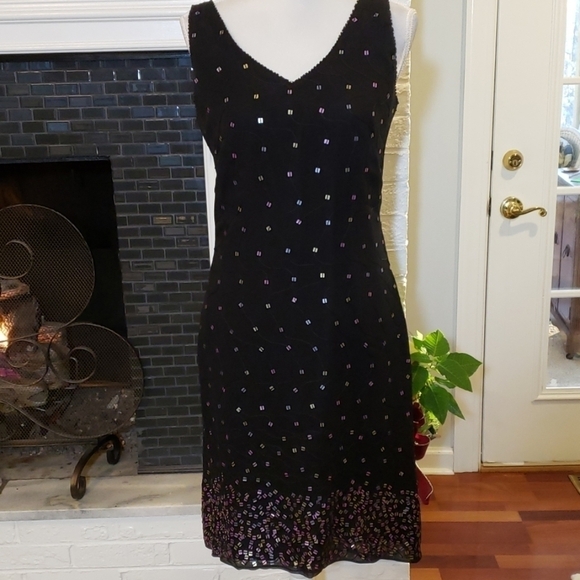 Kay Unger Pheobe Silk Sequin Black Dress V Neck Sleeveless 8 - Picture 2 of 10